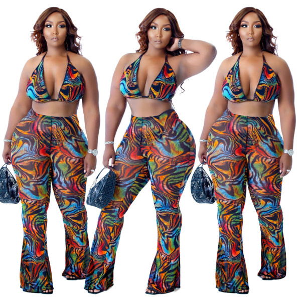 Print Bikini Beach Trousers Two-Piece Set