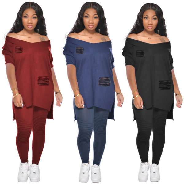 Burning flower big V-neck split loose two-piece suit