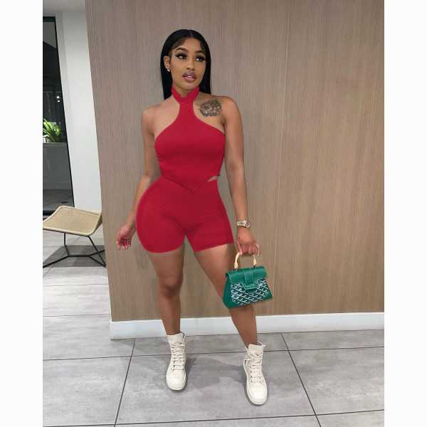 Halter neck open back short-sleeved shorts suit nightclub style women's two-piece suit