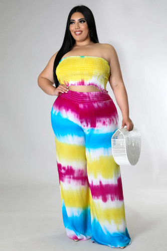 Plus Size Women's Clothing Print Positioning Print Chest Wrap Straight Pants Two Piece Suits