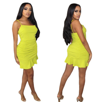 Sexy suspender solid color dress with open back wind chimes and ruffles