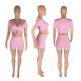 Sexy solid color deep V lace suit two-piece suit