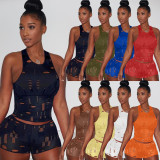 Ladies Fashion Casual Knitted Hole Sleeveless Tank Top 8 Colors Two Piece Set