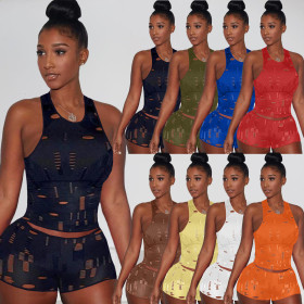 Ladies Fashion Casual Knitted Hole Sleeveless Tank Top 8 Colors Two Piece Set