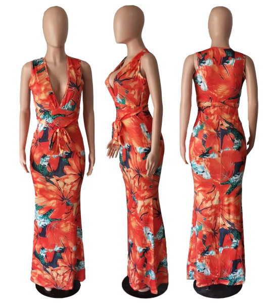 Fashionable Tie Dye Floral Print Sexy Deep V Neck Sleeveless Dress