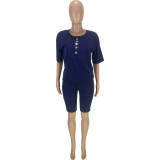 Women's Fashion Casual Trend Solid Color Round Neck Pocket Button Loose Short Sleeve Shorts Two Piece Set