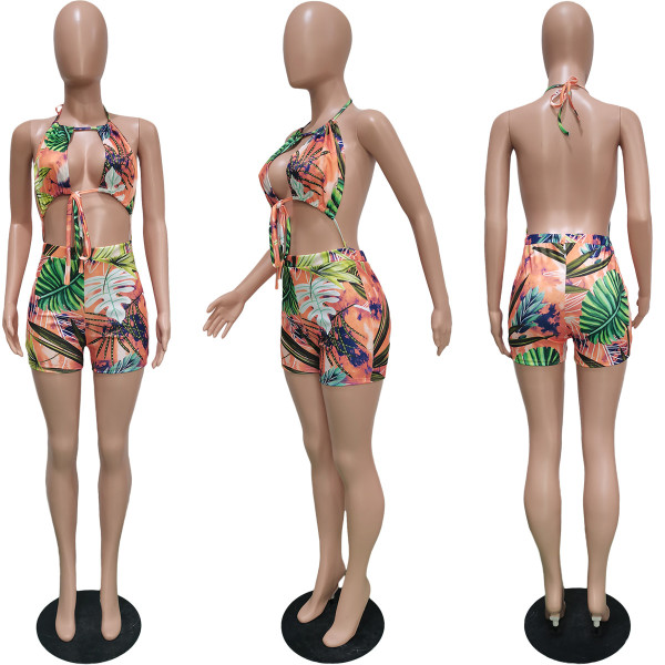 Tie-Dye Cutout Leaf Print Suspender Jumpsuit (with Belt)