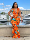 Fashionable Tie Dye Floral Print Sexy Deep V Neck Sleeveless Dress