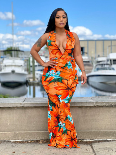 Fashionable Tie Dye Floral Print Sexy Deep V Neck Sleeveless Dress