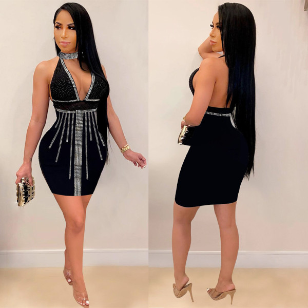 Sexy Hot Drill Sleeveless Halter Perspective Slim Dress Nightclub