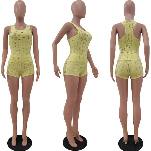 Ladies Fashion Casual Knitted Hole Sleeveless Tank Top 8 Colors Two Piece Set