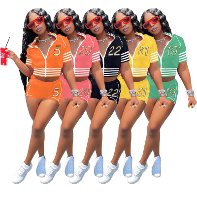 Digital Embroidered Suit Zip Short Sleeve Jacket Shorts Solid Color Stretch Two Piece