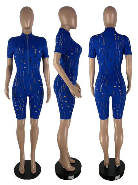 Women's Solid Color Burnt and Broken Copper Zipper Sexy Jumpsuit