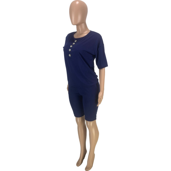 Women's Fashion Casual Trend Solid Color Round Neck Pocket Button Loose Short Sleeve Shorts Two Piece Set
