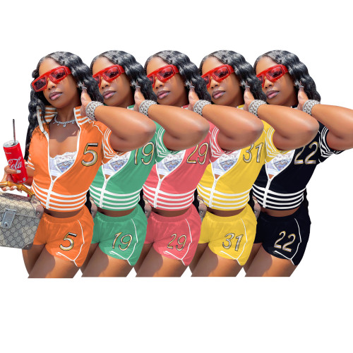 Digital Embroidered Suit Zip Short Sleeve Jacket Shorts Solid Color Stretch Two Piece