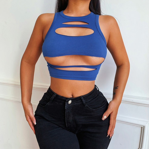 Hollow tattered sleeveless bottoming vest sexy sleeveless top
