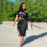 Solid Color Pack Hip Fringe Knee-Length Skirt Slim Skirt