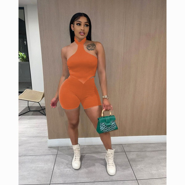 Halter neck open back short-sleeved shorts suit nightclub style women's two-piece suit