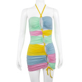 Contrast color stitching halterneck dress drawstring hollow tight bag hip nightclub sexy dress