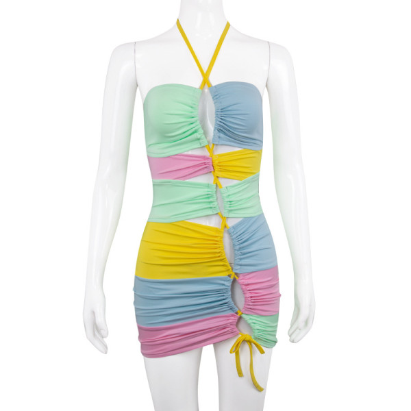 Contrast color stitching halterneck dress drawstring hollow tight bag hip nightclub sexy dress