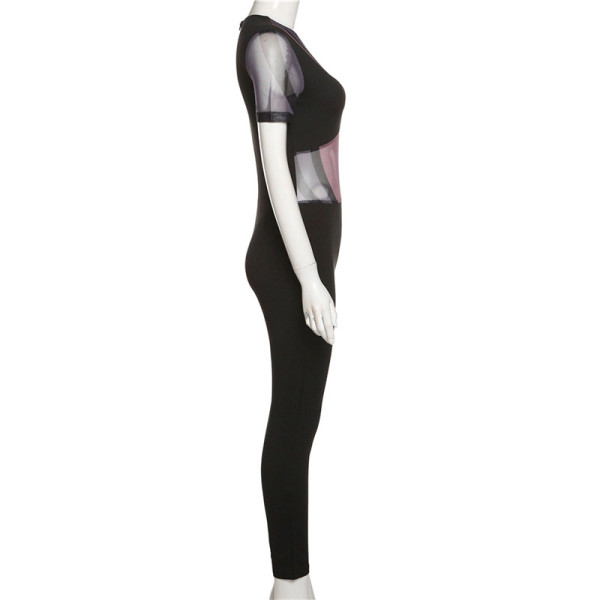 Women's Sexy Mesh See-Through Stitching High Waist Tight Casual Sports Jumpsuit