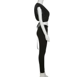 Women's Sexy Cropped Navel Cardigan Lace-Up Vest High Waist Tight Pants Set