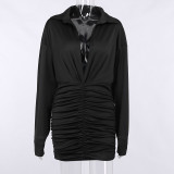 Temperament V-neck sexy pleated tight-fitting long-sleeved hip-pack shirt dress