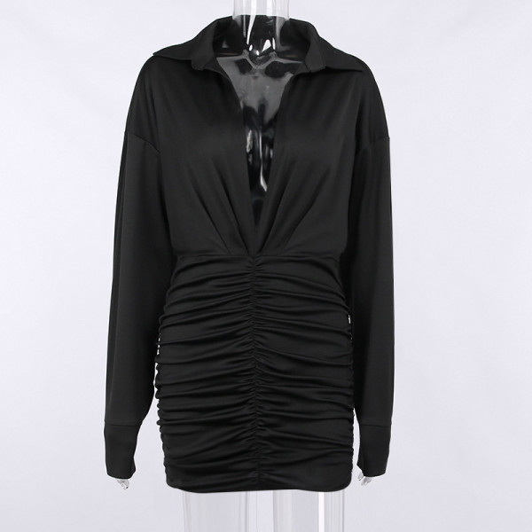 Temperament V-neck sexy pleated tight-fitting long-sleeved hip-pack shirt dress