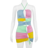 Contrast color stitching halterneck dress drawstring hollow tight bag hip nightclub sexy dress