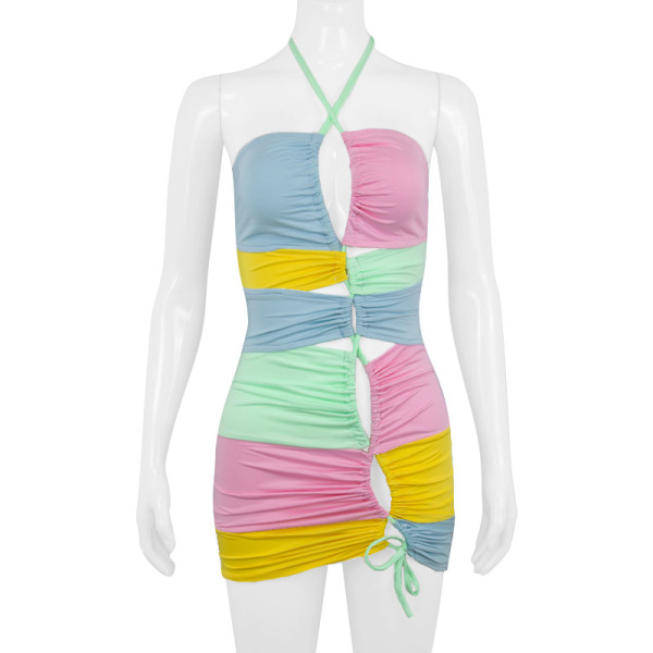 Contrast color stitching halterneck dress drawstring hollow tight bag hip nightclub sexy dress