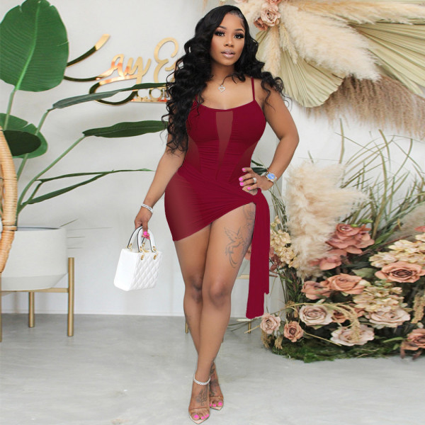 Swimsuit suspender jumpsuit + sexy mesh wrap skirt two-piece set