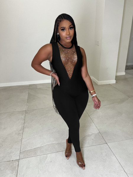Sexy Deep V Stitching Colored Diamond Sleeveless Slim Nightclub Jumpsuit