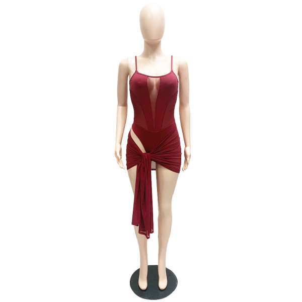 Swimsuit suspender jumpsuit + sexy mesh wrap skirt two-piece set