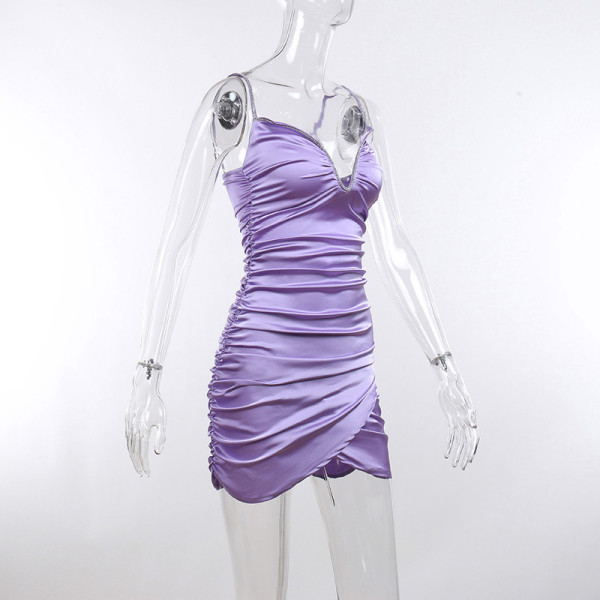Temperament sexy low-cut V-neck wrinkled short skirt party nightclub suspender dress