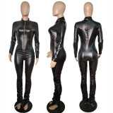 Cardigan Leather Zip Skinny Stretch Sexy Pleated Jumpsuit