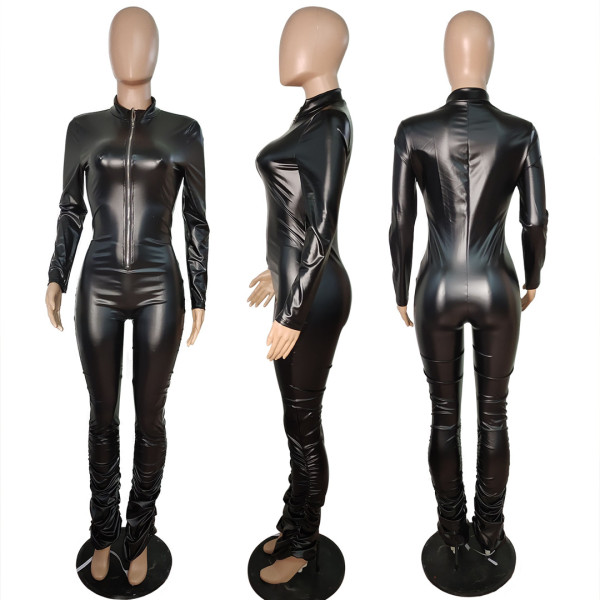 Cardigan Leather Zip Skinny Stretch Sexy Pleated Jumpsuit