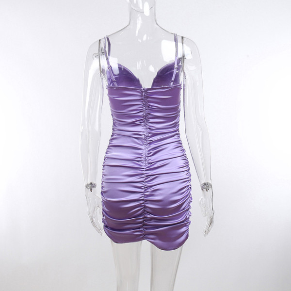 Temperament sexy low-cut V-neck wrinkled short skirt party nightclub suspender dress