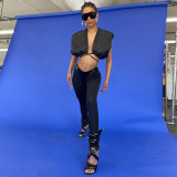 Women's Sexy Cropped Navel Cardigan Lace-Up Vest High Waist Tight Pants Set