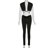 Women's Sexy Cropped Navel Cardigan Lace-Up Vest High Waist Tight Pants Set
