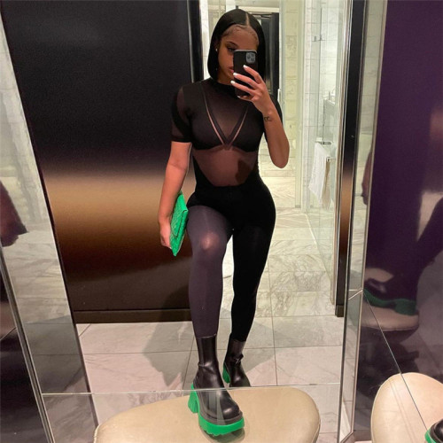 Women's Sexy Mesh See-Through Stitching High Waist Tight Casual Sports Jumpsuit