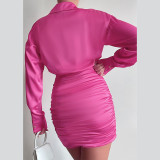 Temperament V-neck sexy pleated tight-fitting long-sleeved hip-pack shirt dress
