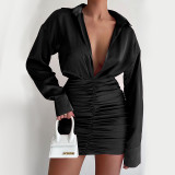 Temperament V-neck sexy pleated tight-fitting long-sleeved hip-pack shirt dress
