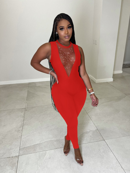 Sexy Deep V Stitching Colored Diamond Sleeveless Slim Nightclub Jumpsuit