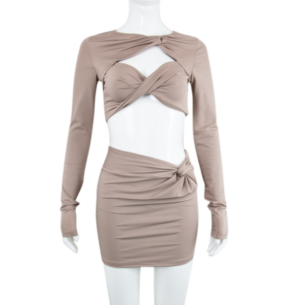 Women's Hollow Long Sleeve Three Twist Knot Design Hip Short Skirt Suit