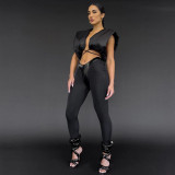 Women's Sexy Cropped Navel Cardigan Lace-Up Vest High Waist Tight Pants Set
