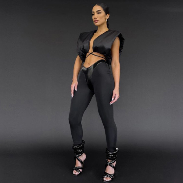 Women's Sexy Cropped Navel Cardigan Lace-Up Vest High Waist Tight Pants Set