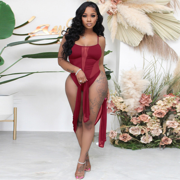 Swimsuit suspender jumpsuit + sexy mesh wrap skirt two-piece set