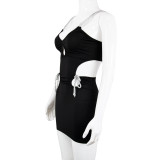 Women's Solid Color Ribbon Decorative Sling Hollow Out Back Dress