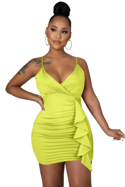 Sexy ruffled V-neck topless suspender bag hip nightclub dress