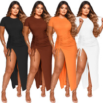 Thread Gathered Slit Midi Dress